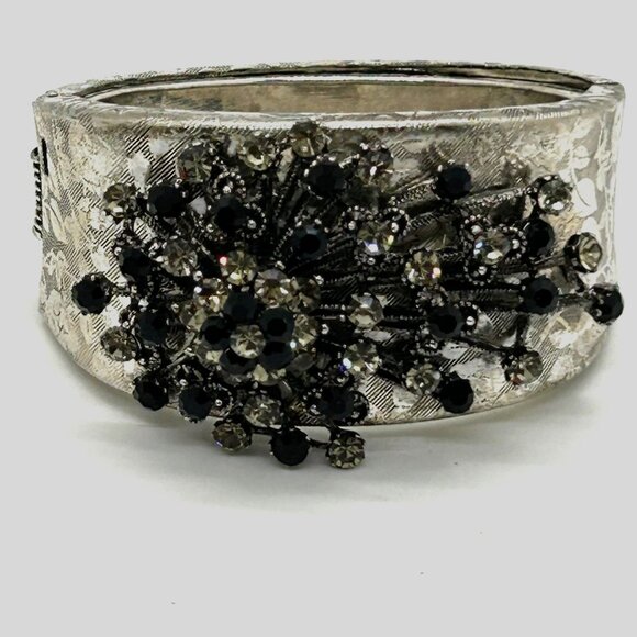 Vintage Black & Smokey Rhinestone Bracelet Hinged Etched Silver-Tone 6.5 Clamper - Picture 2 of 16